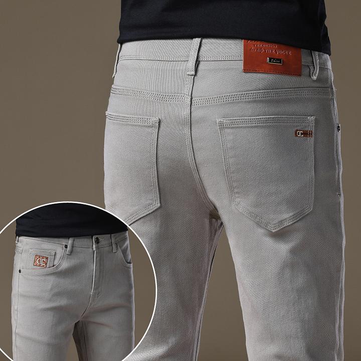 Cebrodz意大利高端刺绣三本针帝驼色牛仔裤男秋冬新款修身小脚裤