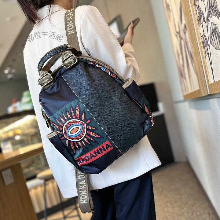 异域民族风双肩包女2025春季轻便防水牛津布拼接彩色印花背包潮旅