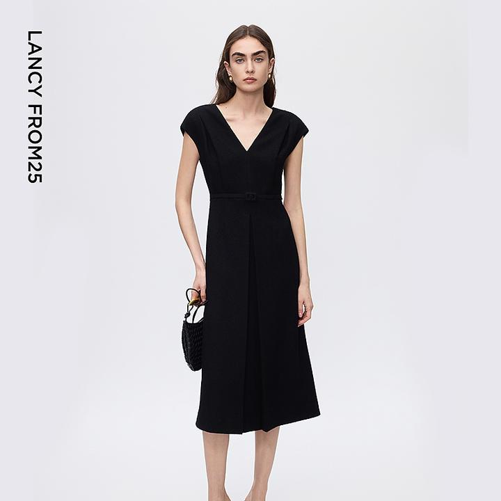 朗姿v领高腰a字气质黑色小香风连衣裙高级感轻礼服2025年冬季新款