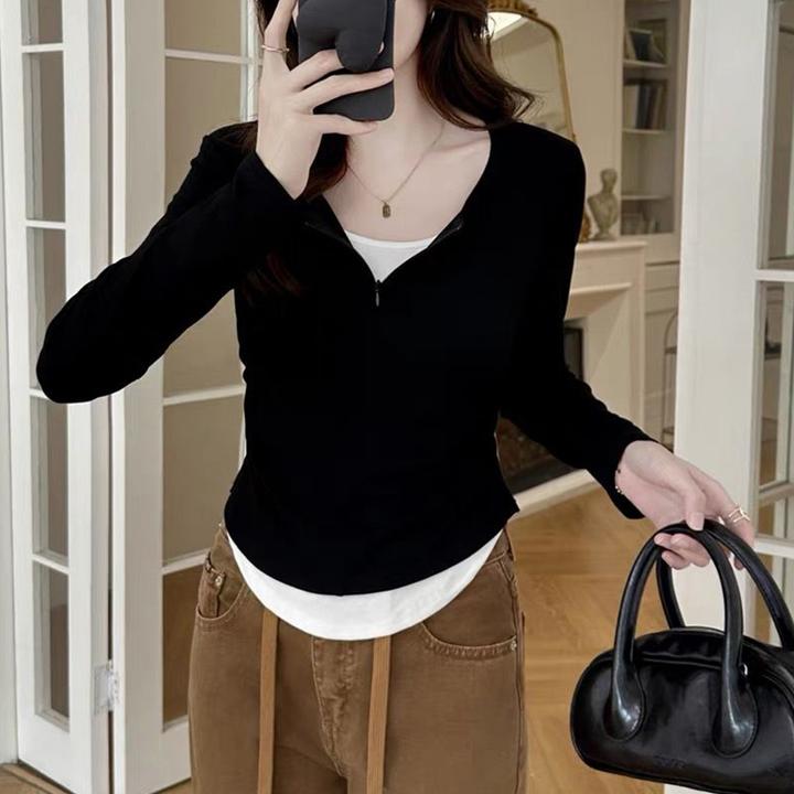 大码200斤气质名媛半拉链假两件正肩长袖t恤女收腰显瘦百搭上衣潮