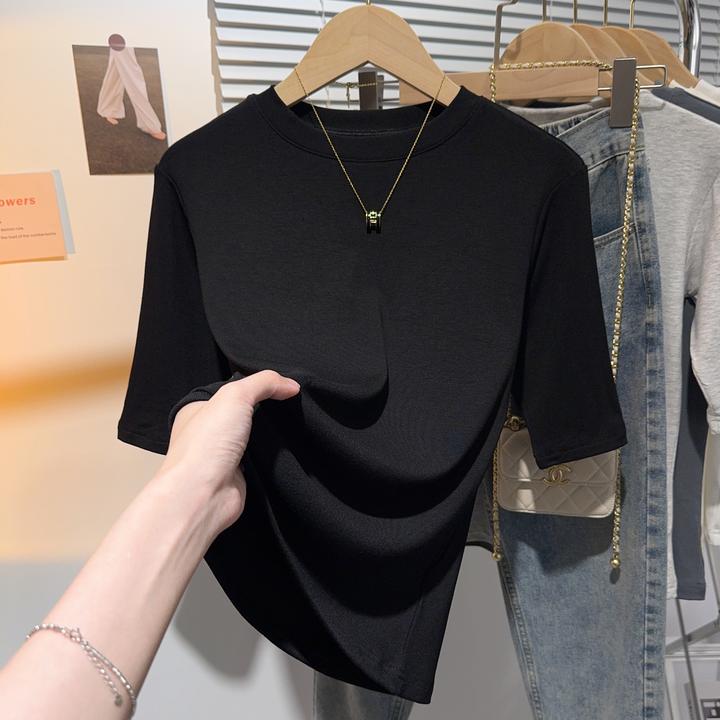 黑色螺纹中袖五分袖t恤2025早春修身百搭中袖上衣七分袖女高档