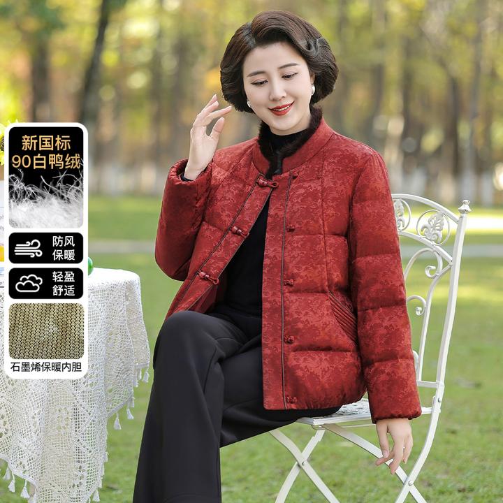 华太太2025年冬季90羽绒服外套短款水貂毛领时尚气质妈妈装D6316B