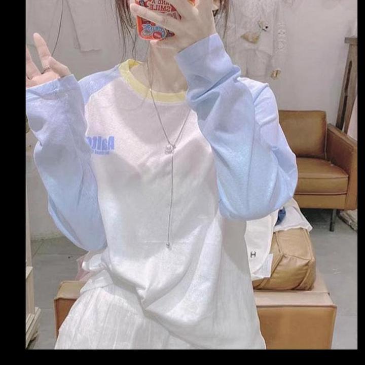 字母撞色长袖t恤女春秋薄款新款时尚宽松防晒罩衫插肩袖上衣