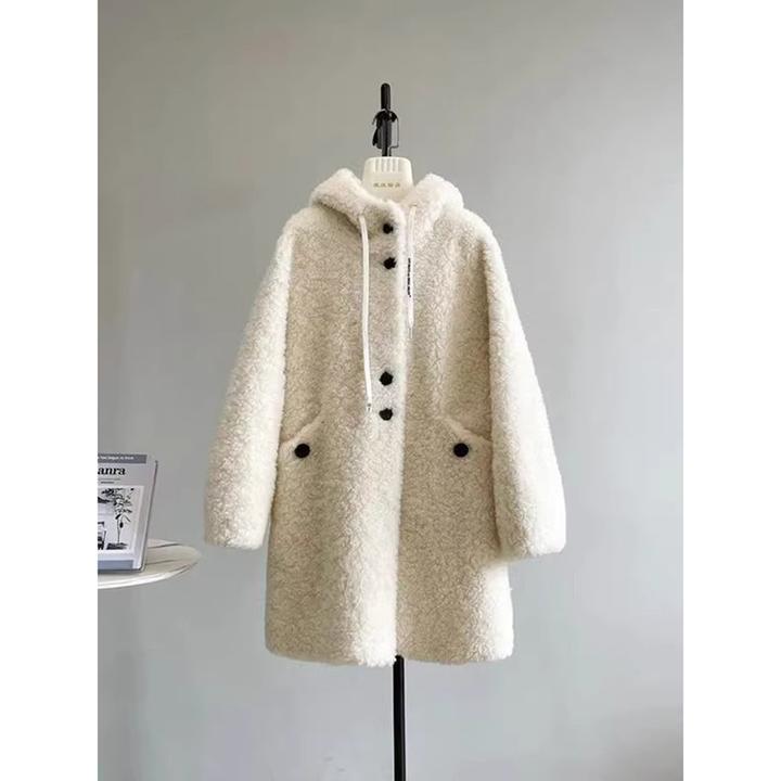 特大码300斤美式仿羊羔毛绒连帽外套女冬季休闲风时尚中长款大衣