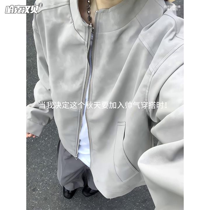 皮衣外套男女同款秋冬季宽松cleanfit立领飞行员夹克轻奢痞帅男装