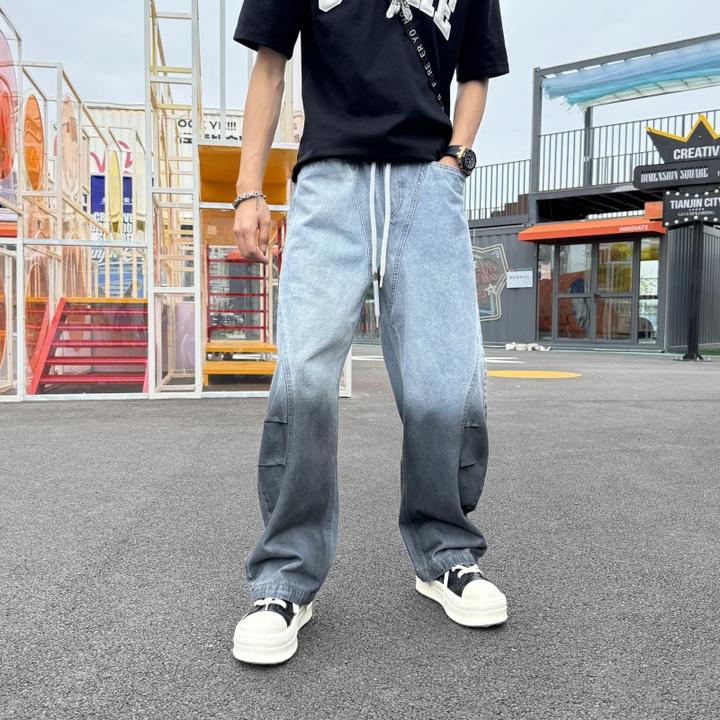 2025年直筒裤潮流系带牛仔裤休闲秋冬青年男士秋冬黑色直筒牛仔裤