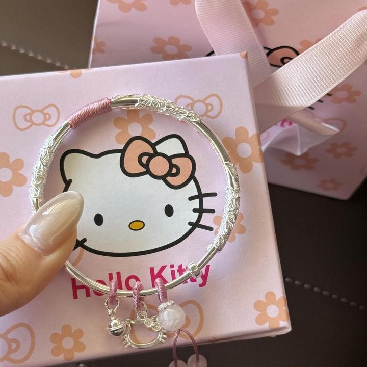 足银手镯 繁花Kitty猫999纯银手镯女520送女友情人节礼物时尚小众