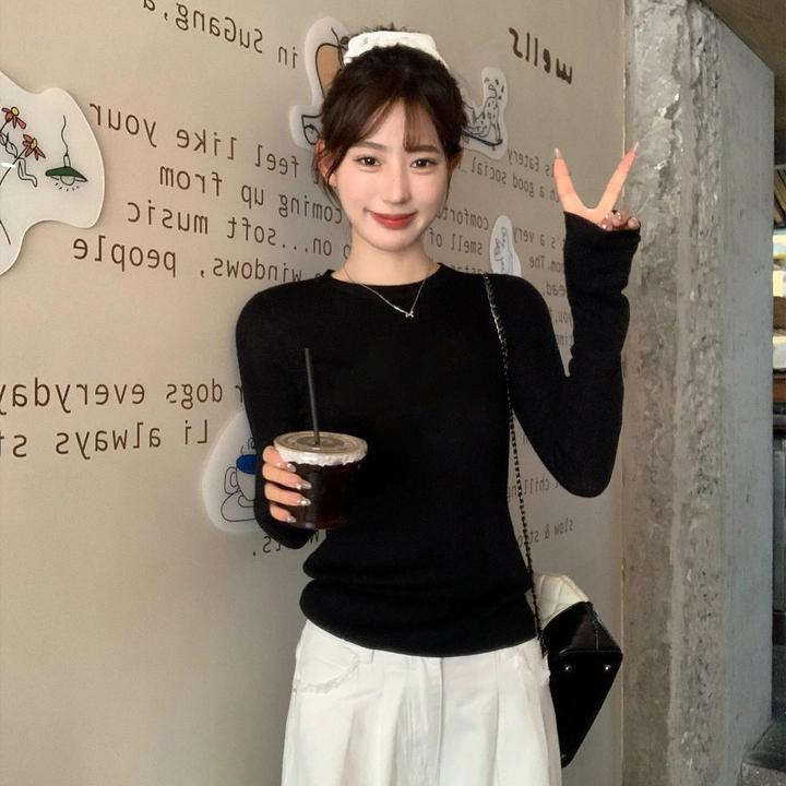 ins辣妹螺纹T恤女长袖秋冬正肩韩版百搭修身漫画腰外穿打底衫上衣