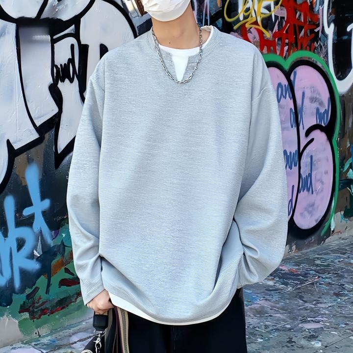 PLAYBOY/花花公子秋季美式男款设计感假两件V领华夫格休闲长袖T恤