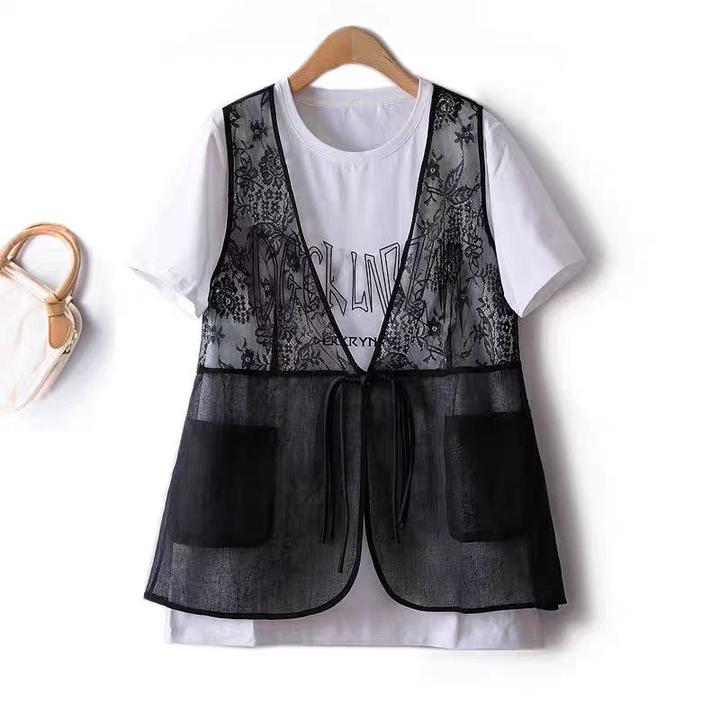 2025夏季新款蕾丝镂空拼接复古马甲胖mm新中式盘扣大码百搭马夹