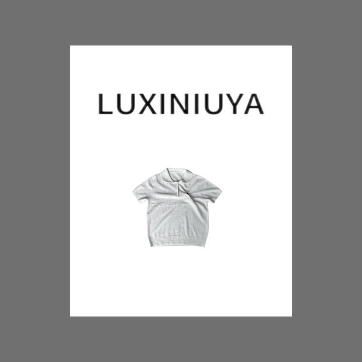 【LUXINIUYA】机场穿搭高品质100全羊毛Polo领短袖绿色上衣CX2876