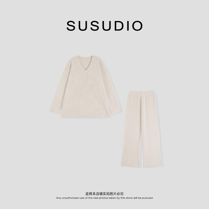 SUSUDIO 莱赛尔 极简V领小华夫格上衣直筒垂感亲肤休闲套装 30080