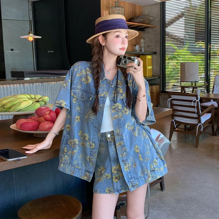 碎花小香风牛仔外套短裙套装2025新款女夏薄款巨好看小个子一整套