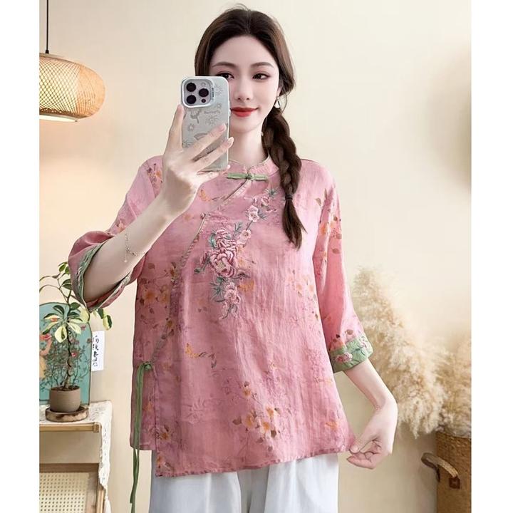 雪儿 100支纯苎麻上衣新中式刺绣国风套头茶服衬衫1521