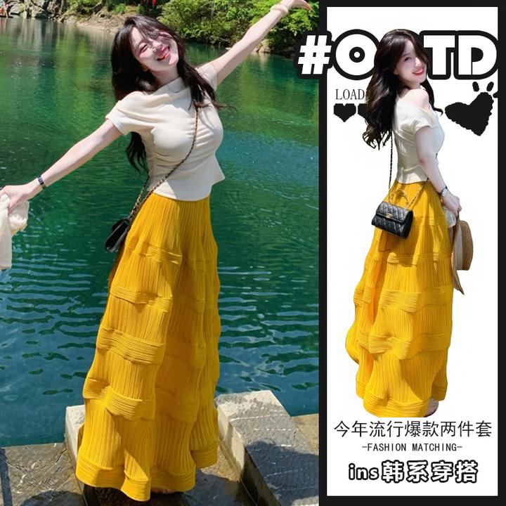 茶里茶气两件套装夏季纯欲辣妹露肩修身上衣高腰显气质半身裙