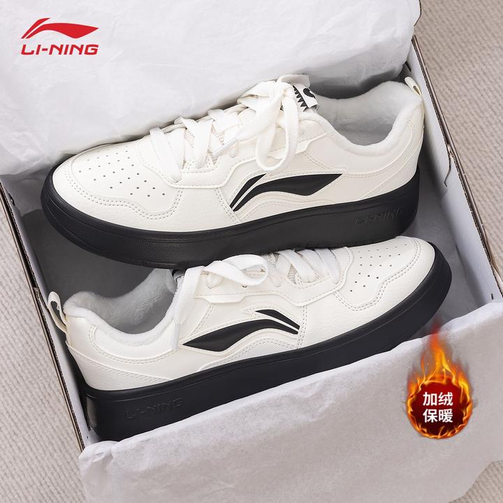 李宁加绒板鞋女鞋初云黑白复古经典小白鞋保暖加厚舒适软底休闲鞋