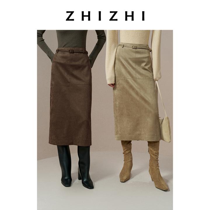 致知 挂金索 麂皮感绒老钱风直筒半身长裙ZZ2EWWBZ025