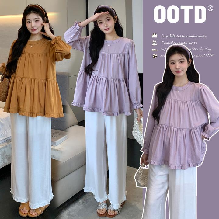 孕妇装2025秋季新款时尚宽松木耳边长袖衬衣百搭花边裤孕妇套装