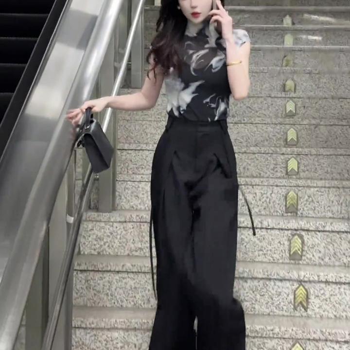 御姐气质女神范套装夏季新款半高领晕染短袖上衣高腰阔腿裤两件套
