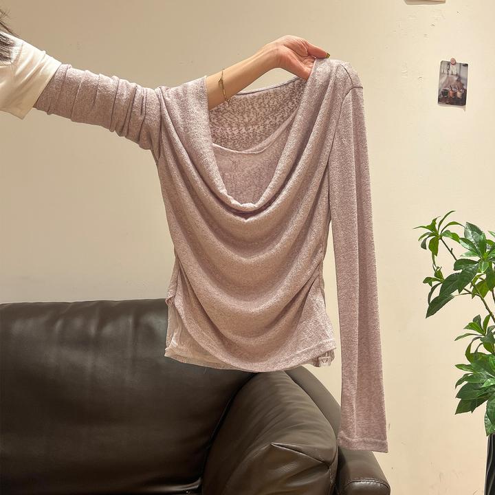 超漂亮独特荡领蕾丝拼接长袖T恤女2025夏季新款修身收褶显瘦上衣