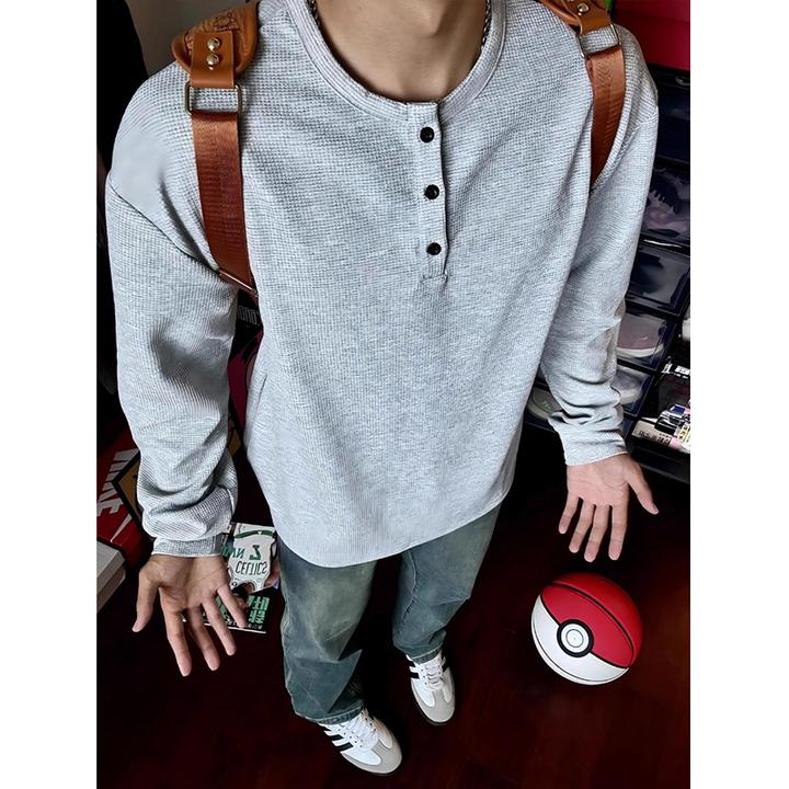 灰色美式亨利领长袖t恤男秋季cleanfit华夫格重磅卫衣内搭打底衫