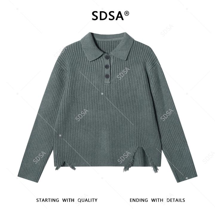 SDSA男士秋冬新款痞帅男装纯色polo领毛衣下摆流苏设计百搭针织衫