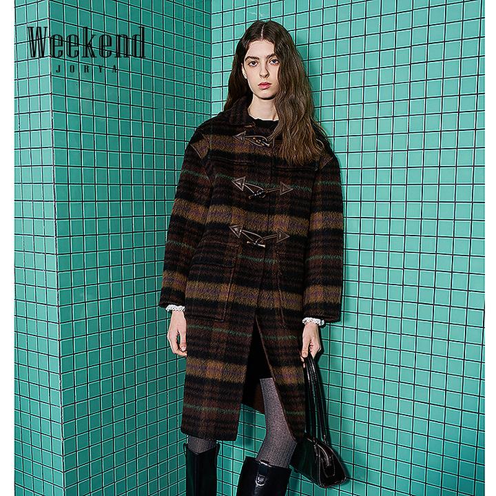【商场同款】卓雅周末25冬新款都市复古风格纹长款毛呢大衣XRW6D03C