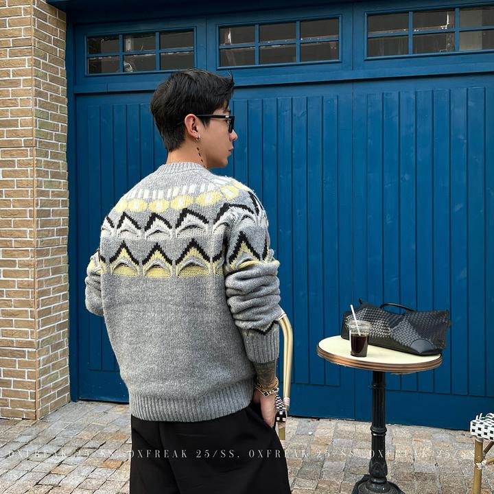 OXFREAK「100羊毛 立体裁剪」毛边秋冬灰色圆领毛衣男宽松针织衫