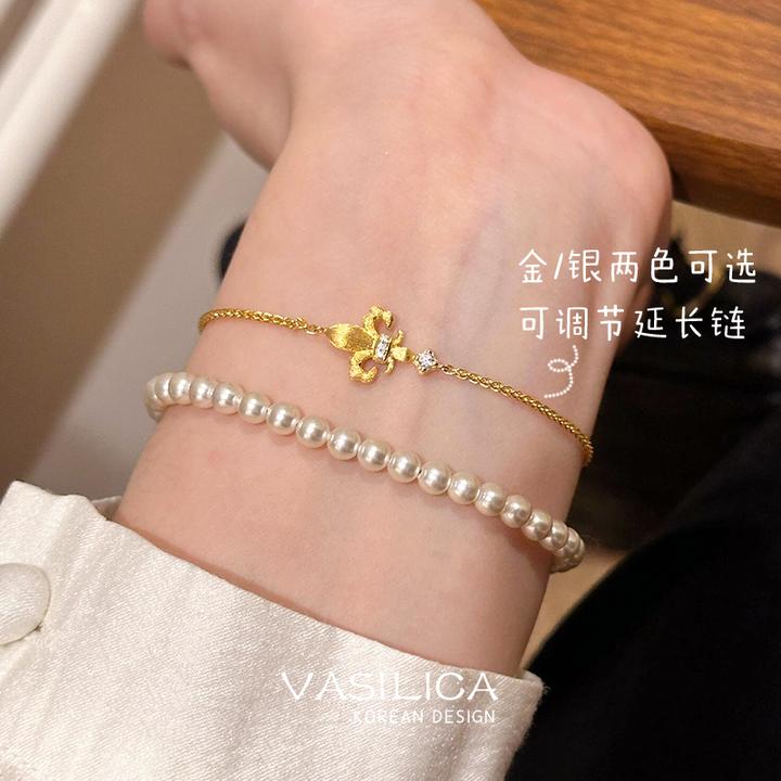 铜合金莫桑石手链 重工拉丝鸢尾花手链女轻奢小众高级感ins手饰