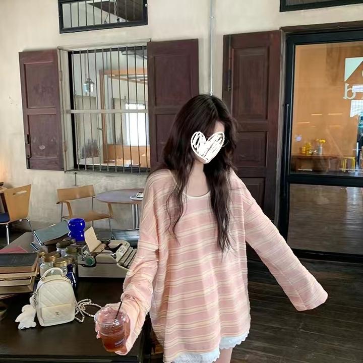 松弛宽松时尚百搭拼色条纹针织长袖T早春女5001