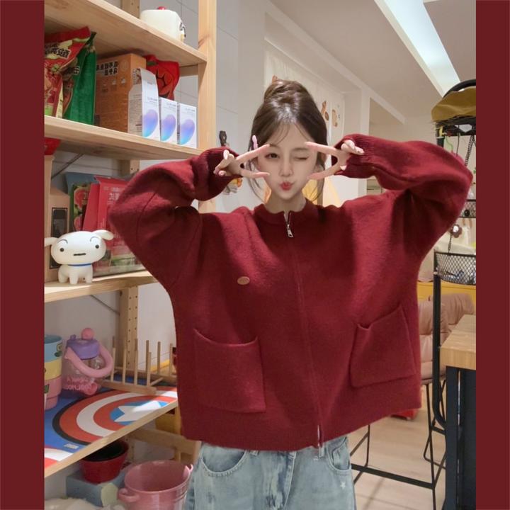 【妮妮沙】3985 秋冬季新款口袋针织开衫百搭宽松圆领上衣针织毛衣