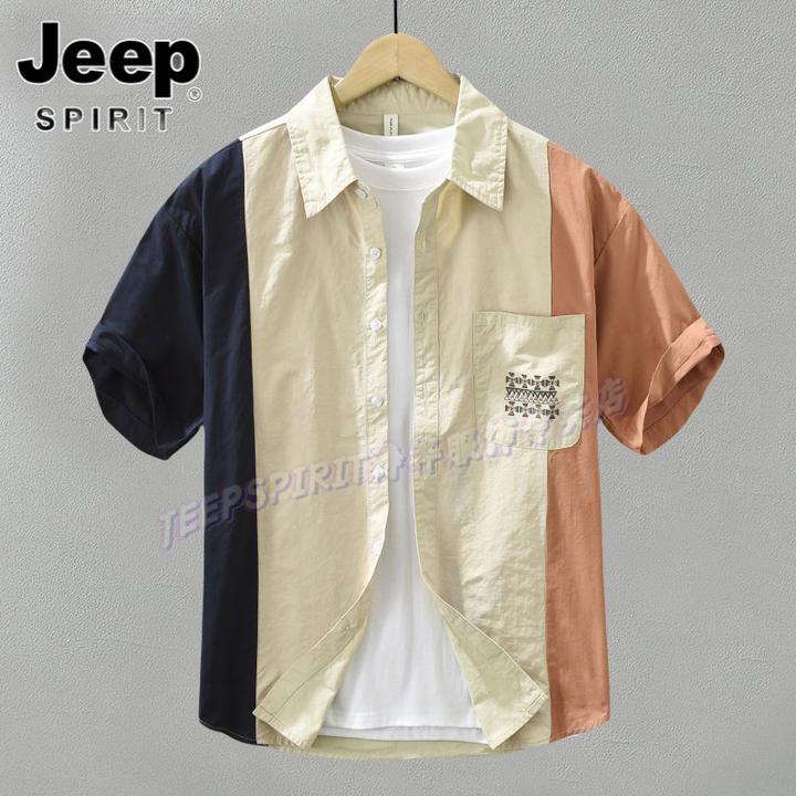Jeep吉普工装短袖衬衫男夏季拼接撞色口袋衬衣设计感宽松纯棉上衣