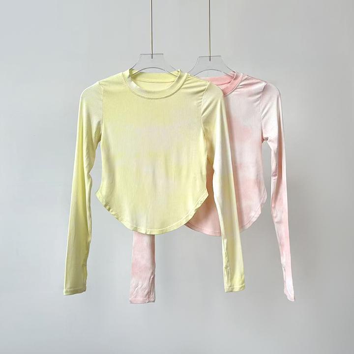 031女士修身短款扎染罗纹高弹长袖