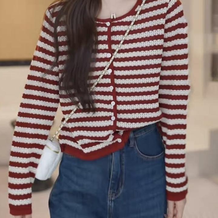 2025年秋季新款圆领长袖条纹镂空宽松显瘦针织衫开衫上衣外套