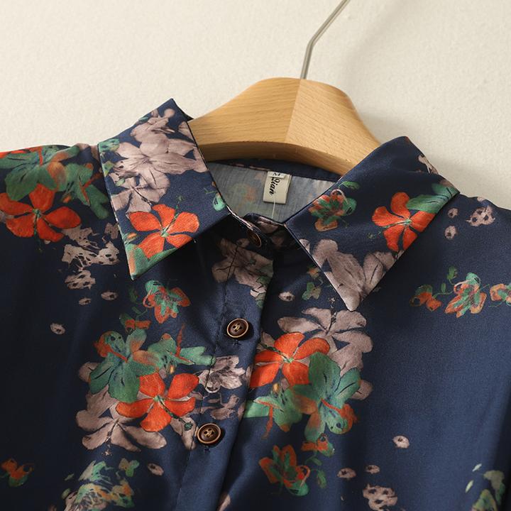 宽松休闲舒适花色长袖翻领排扣上衣女文艺复古民族风碎花亚麻衬衫