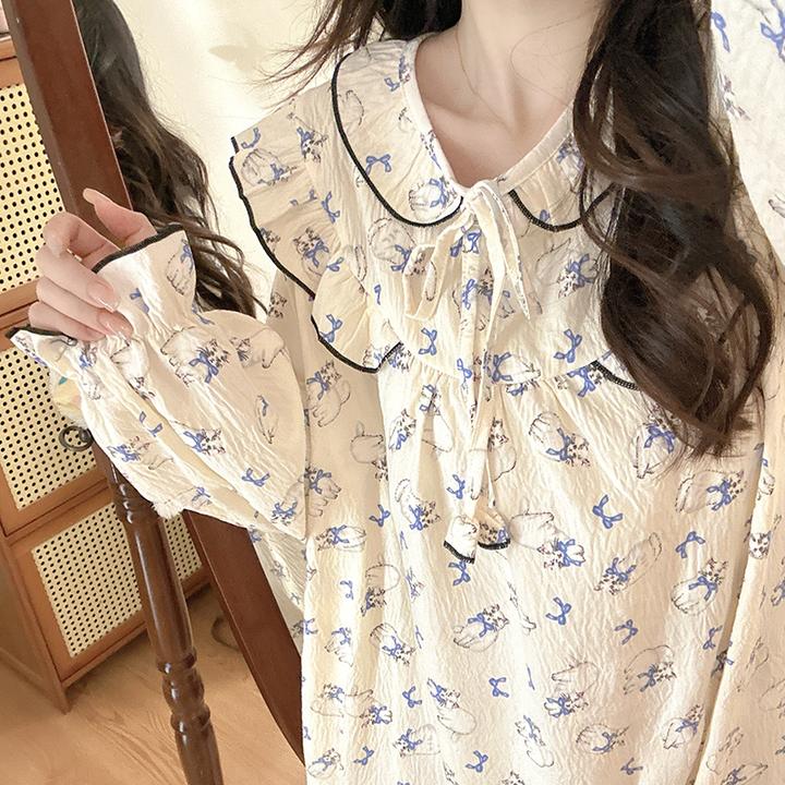 日系高傲小猫长袖睡裙少女春秋季带胸垫可外穿睡衣女防凸点家居服