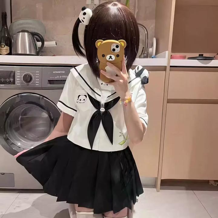 【宅宅熊】可爱软妹猫制服水手服上衣高腰日系两件套百褶裙套装