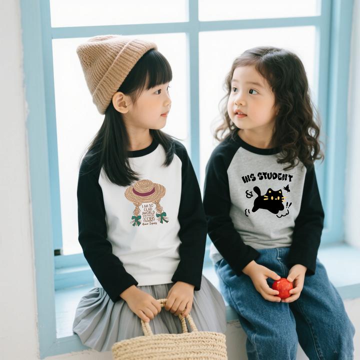 女童韩版休闲百搭打底衫2025秋装新款儿童卡通插肩纯棉长袖T恤潮
