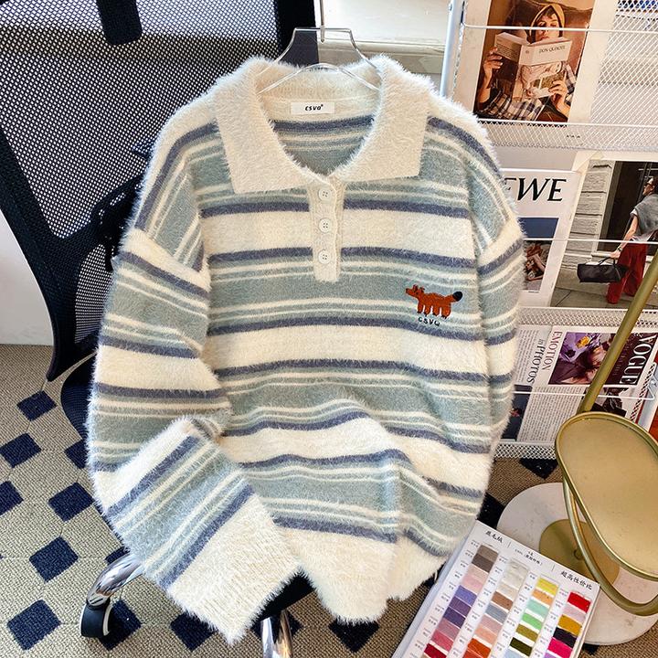 狐狸刺绣韩系季条纹毛绒毛衣仿水貂毛情侣oversize秋冬保暖针织衫