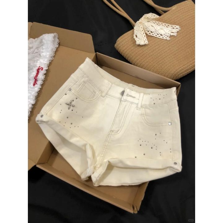 美式复古简约高级感白色牛仔短裤女2025夏季新款高腰显瘦小众热裤