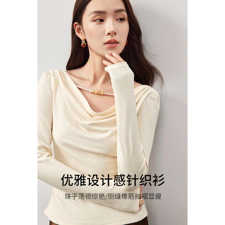 尚都比拉安可拉红色上衣新款荡领不规则下摆修身气质t恤女58407