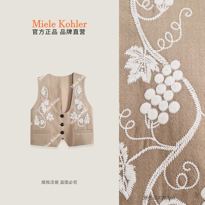 秋季新款重工刺绣花朵图案绵羊毛女马夹MKAQ82571【澳门小源同款】