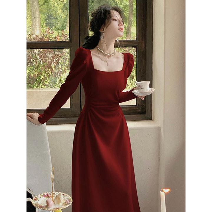 红色长袖连衣裙女春秋法式订婚礼服新娘敬酒服平时可穿红裙子长裙