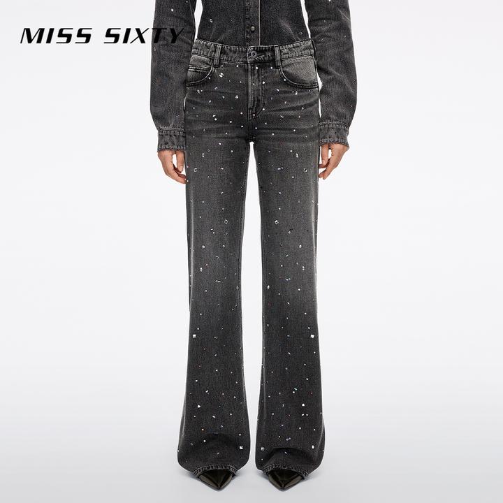 【保暖磨毛】Miss Sixty2025冬季新款牛仔裤棉质彩色烫钻喇叭裤裤子