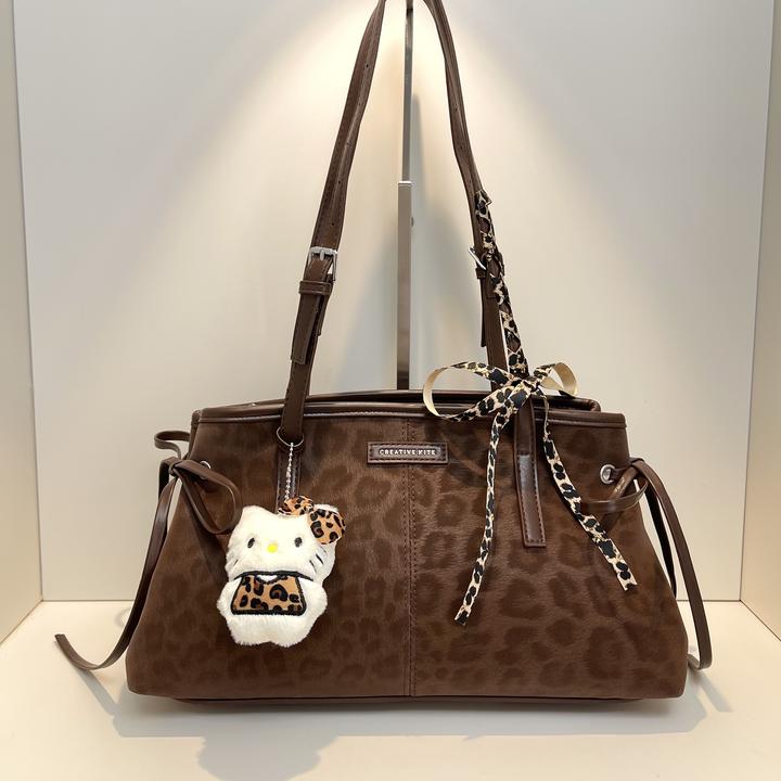 复古豹纹蝴蝶结单肩手提包 韩系小众设计大容量通勤送丝带+kt挂件