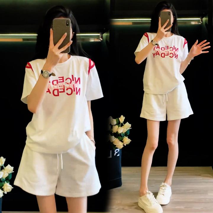 小个子韩版简约套装女2025年夏季新款拼接露肩上衣高腰短裤两件套