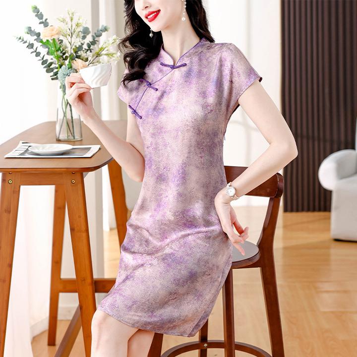 yjr9155旗袍新中式国风禅意短袖连衣裙女夏季新款时尚直筒印花裙