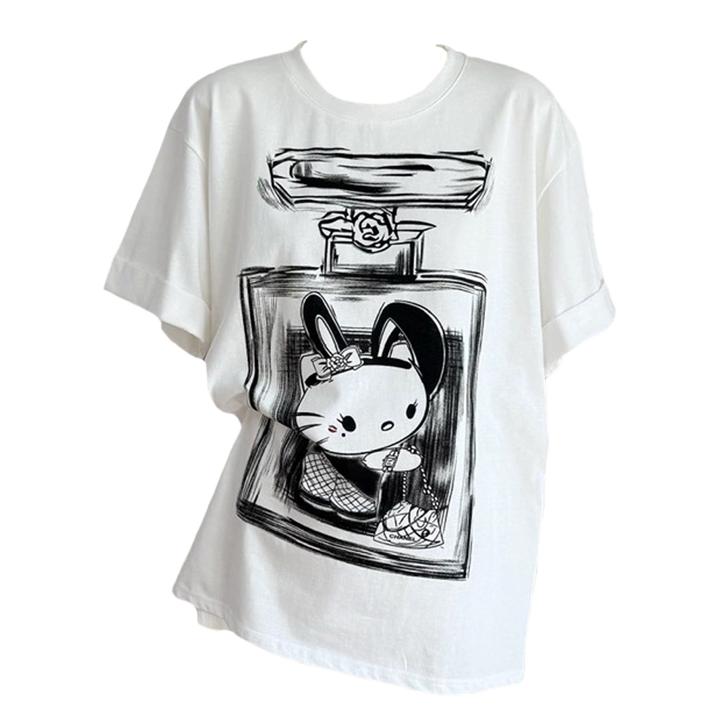 松弛喵酱酱白色慵懒宽松kt印花大版短袖T恤女显瘦百搭上衣夏季