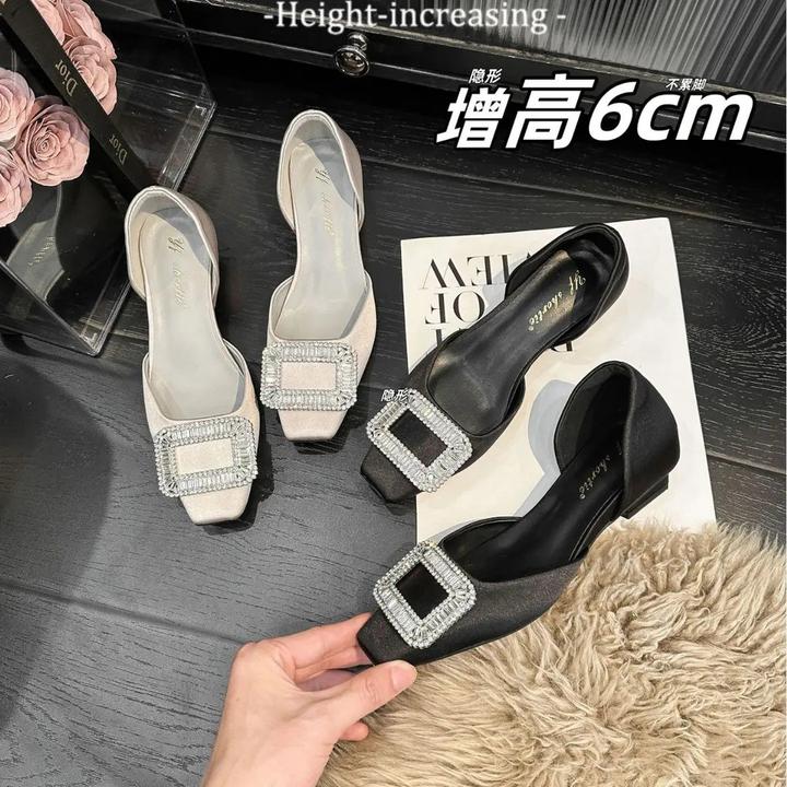 增高6cm法式优雅轻奢中空透气凉鞋雪花水钻扣浅口单鞋女日常舒适