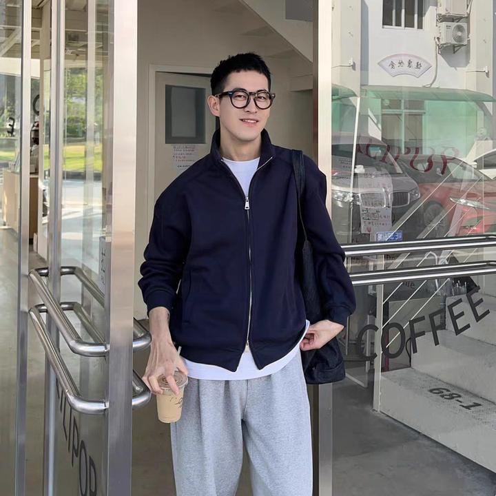 卫衣开衫春秋男生宽松休闲百搭简约纯色双拉链外套时尚立领夹克潮